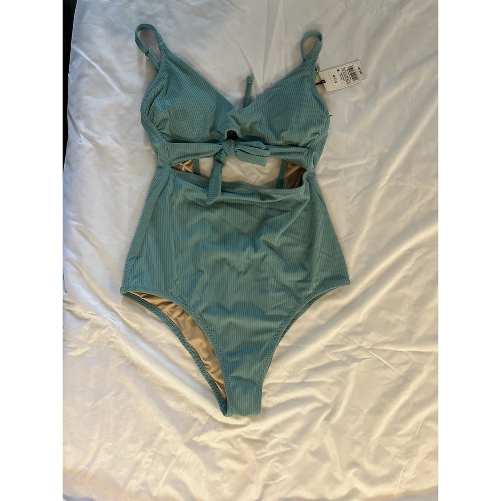 Medium - Womens Ribbed Plunge Cut Out Sash-Tie One Piece Swimsuit - Shade Shore